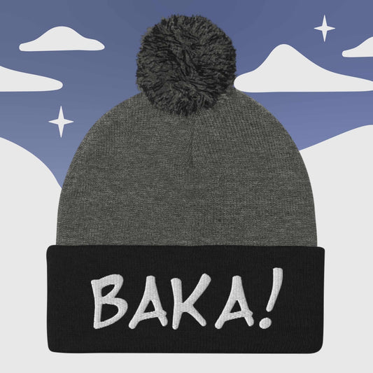 "BAKA!" Anime inspired - Pom Pom Beanie Sage Graphics Dark Heather Grey/ Black