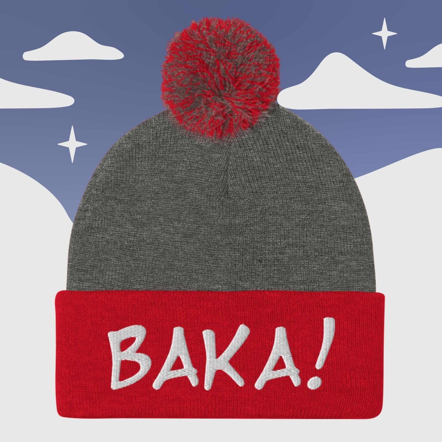 "BAKA!" Anime inspired - Pom Pom Beanie Sage Graphics Dark Heather Grey/ Red