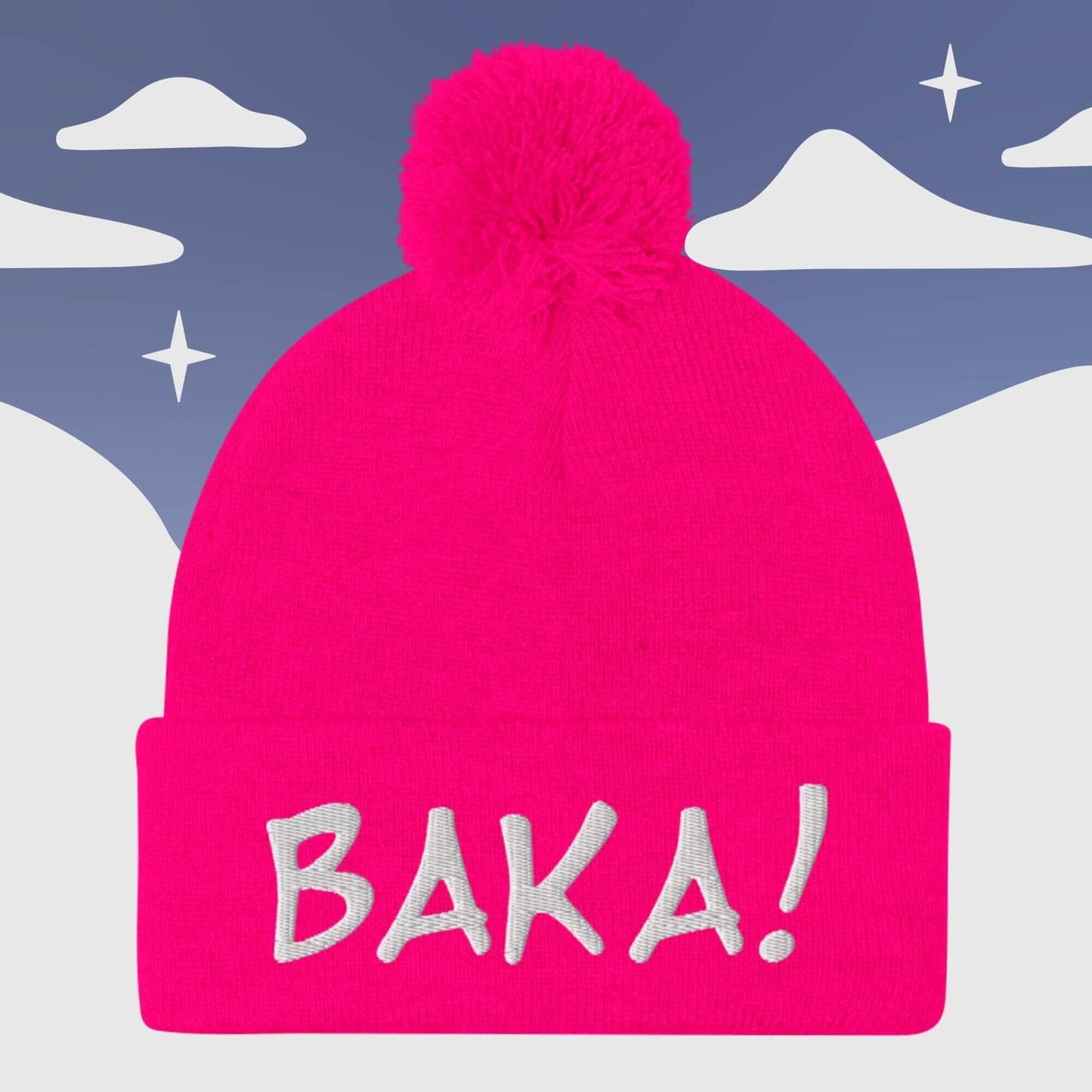 "BAKA!" Anime inspired - Pom Pom Beanie Sage Graphics Neon Pink