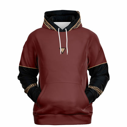 Maroon hoodie with black sleeves and decorative trim 