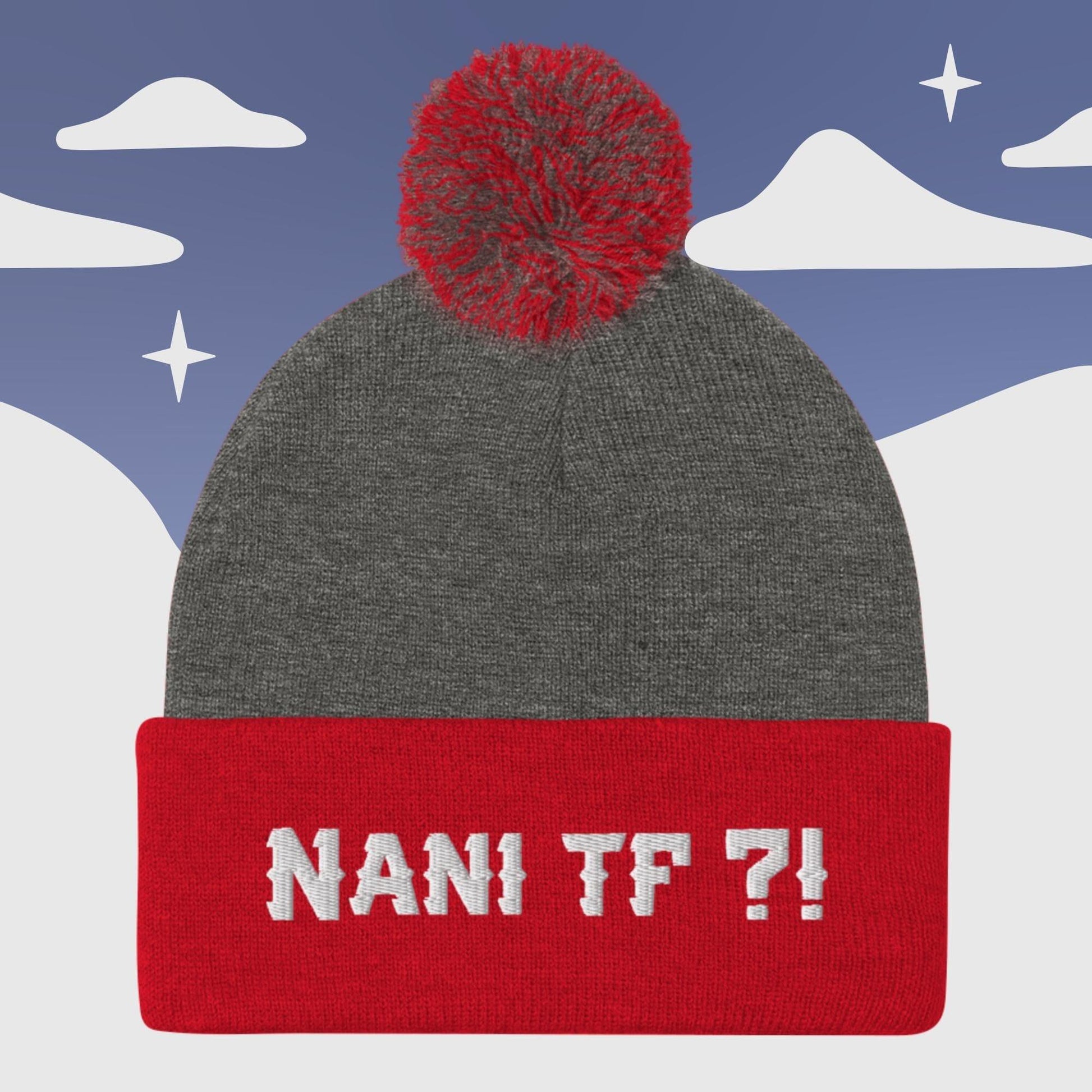 "Nani TF ?! " Anime inspired - Nerd Otaku culture - Pom Pom Beanie Sage Graphics Dark Heather Grey/ Red 