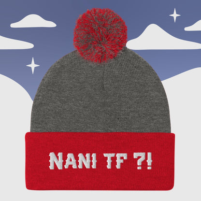 "Nani TF ?! " Anime inspired - Nerd Otaku culture - Pom Pom Beanie Sage Graphics Dark Heather Grey/ Red 