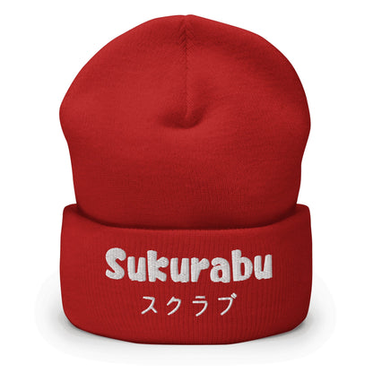 "Sukurabu" (Scrub) Cuffed Beanie Sage Graphics Red 